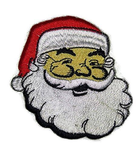 A vibrant embroidered patch featuring a laughing Santa face, perfect for holiday garments and crafts.