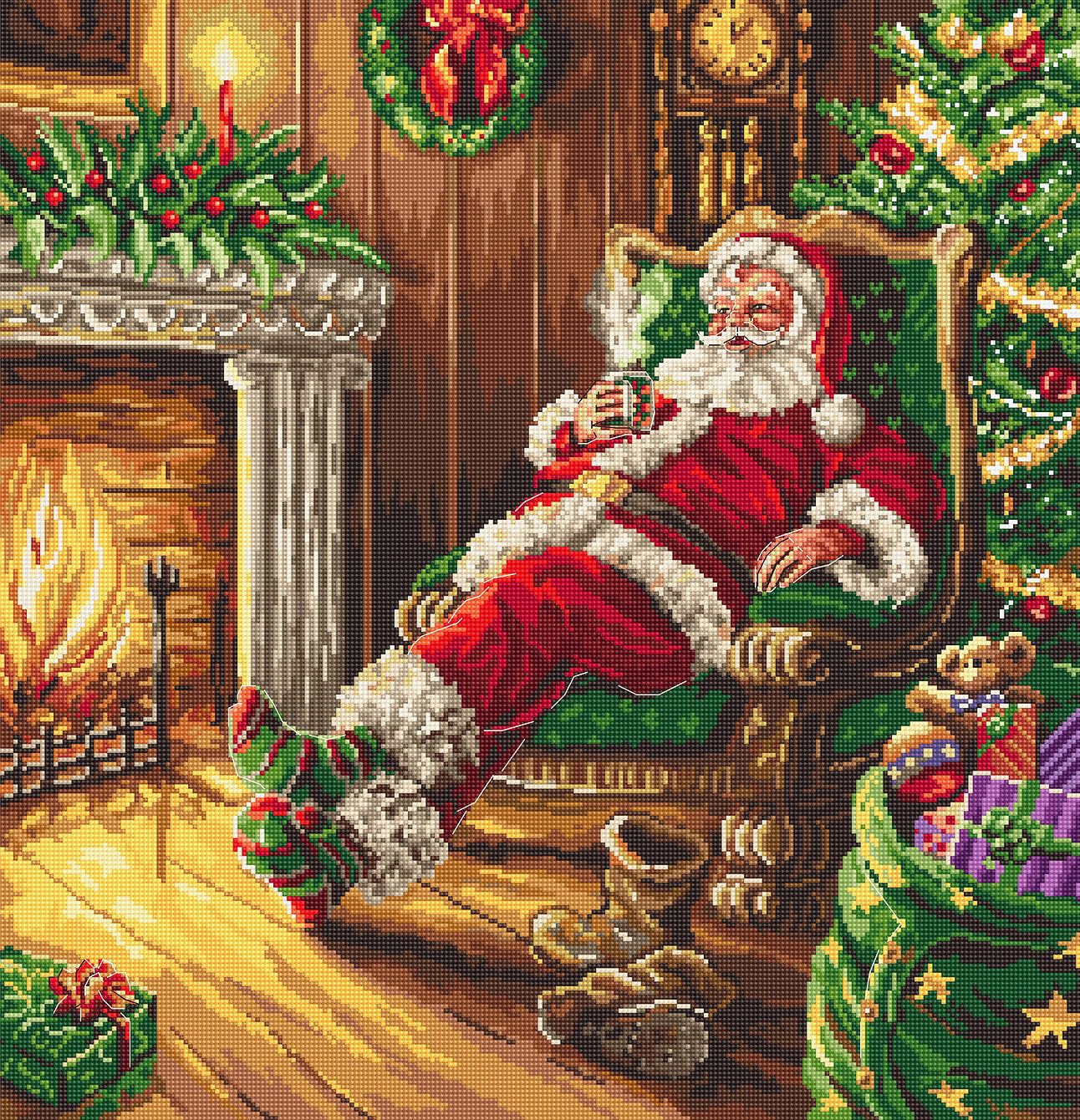 Santa's Rest by the Chimney L8052 Counted Cross Stitch Kit featuring vibrant colors and detailed design.