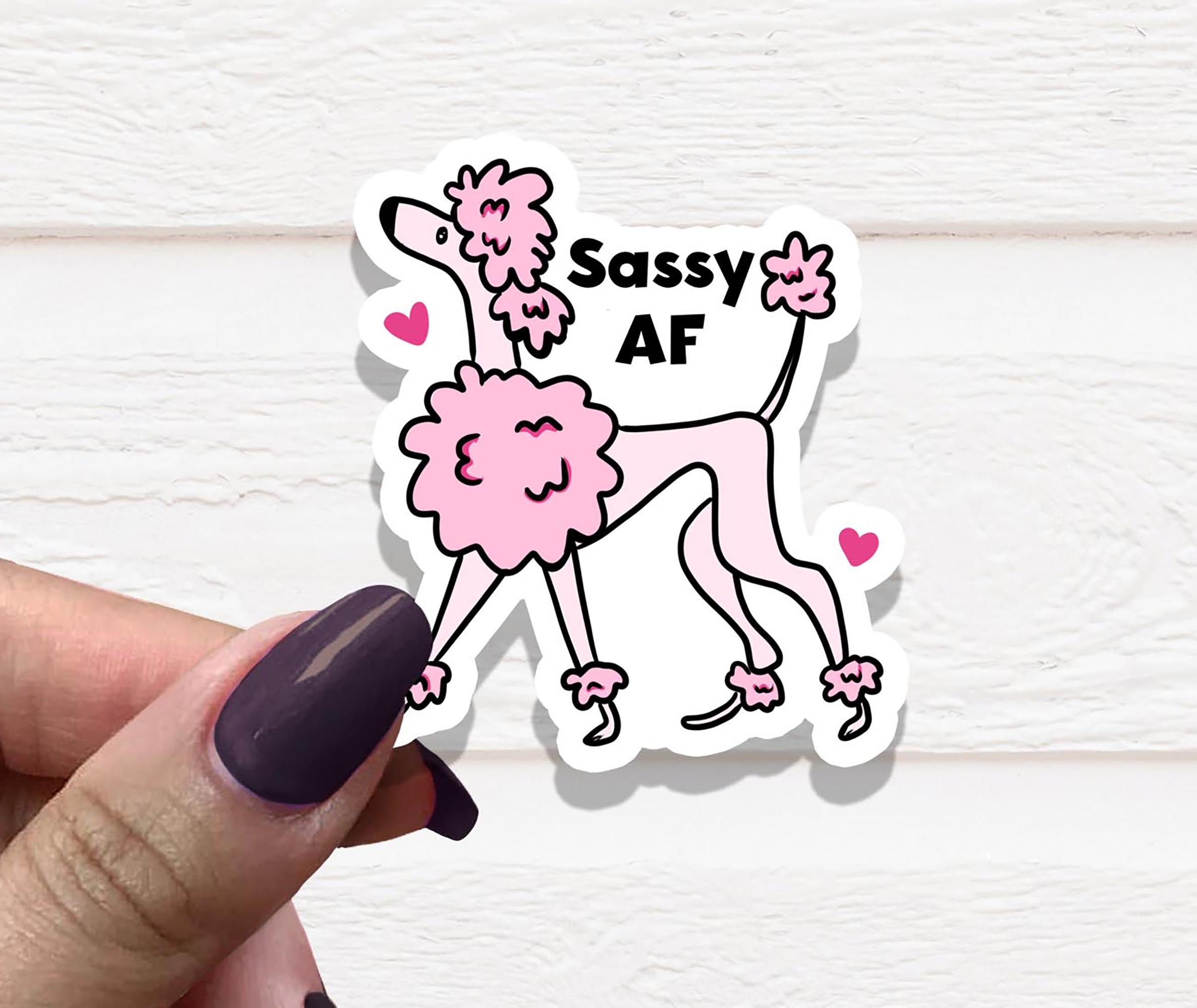 A vibrant Sassy AF Poodle Vinyl Sticker featuring a playful poodle design, perfect for personalizing various items.