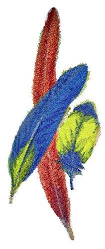 Scarlet Macaw Feathers embroidered patch in vibrant watercolor design, showcasing intricate details and colors.