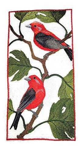 Scarlet Tanager embroidered patch featuring vibrant red and black colors on a cotton base, measuring 9.42 inches by 4.75 inches.