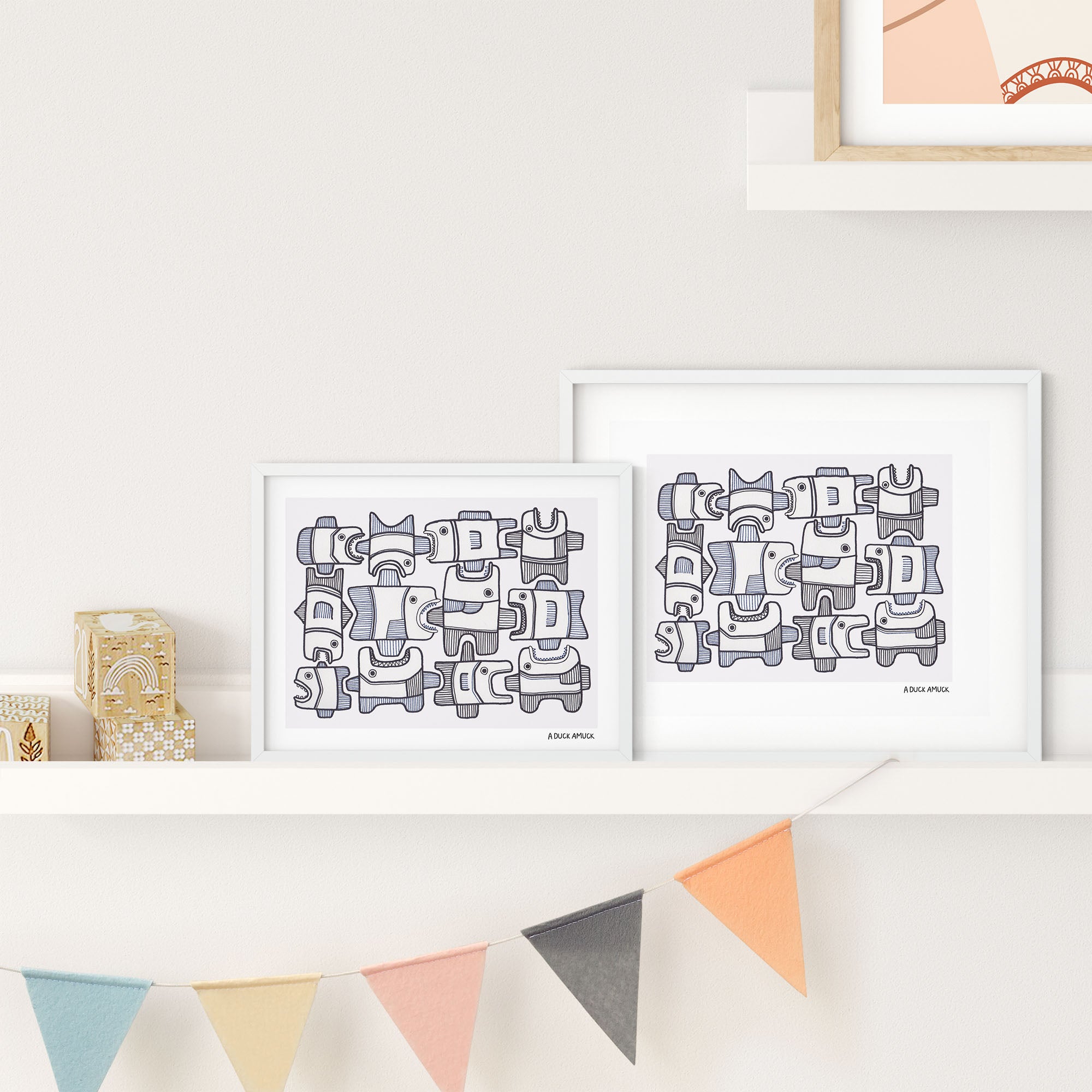 Colorful illustrated print of a school of fish, showcasing vibrant colors and playful design.