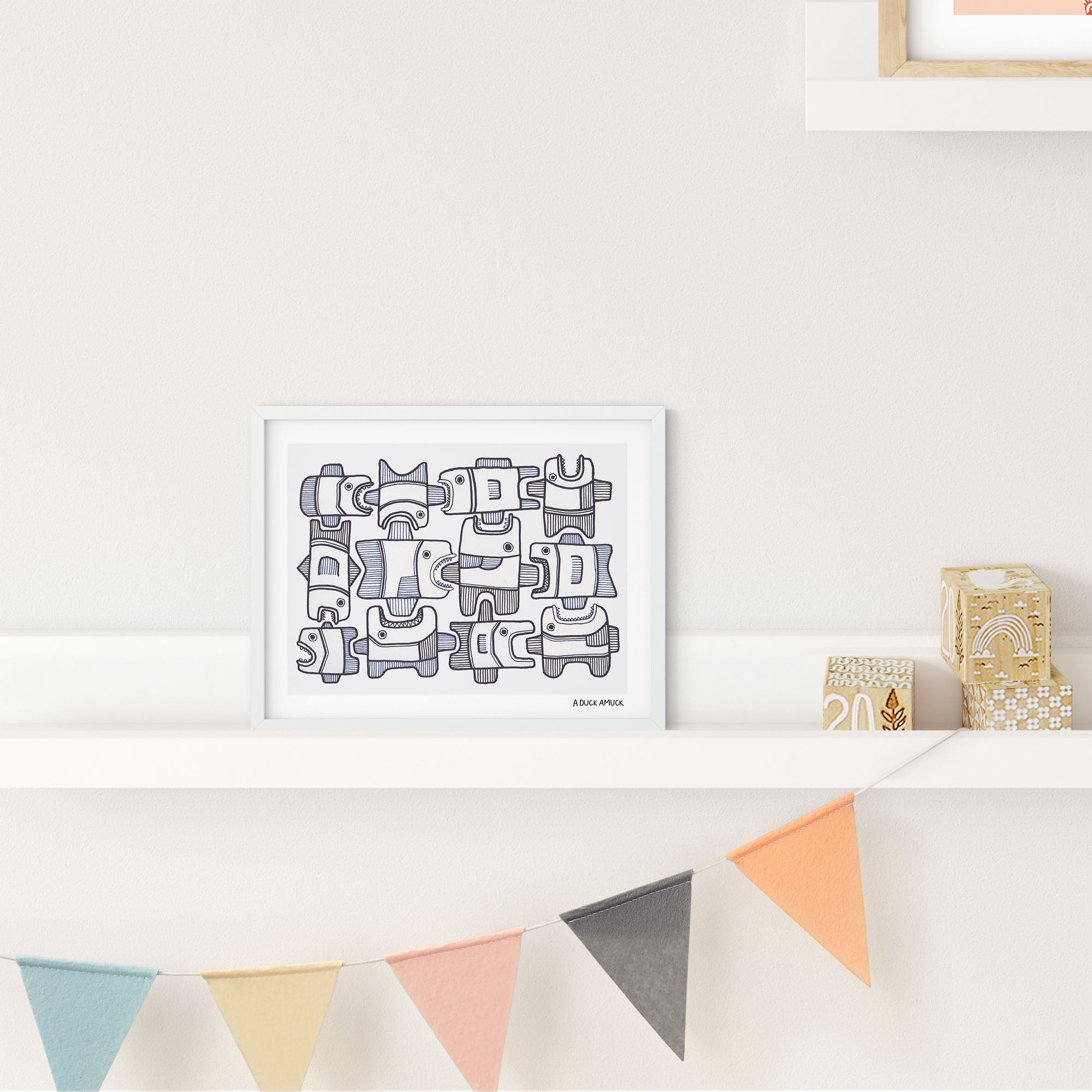 Colorful illustrated print of a school of fish, showcasing vibrant colors and playful design.