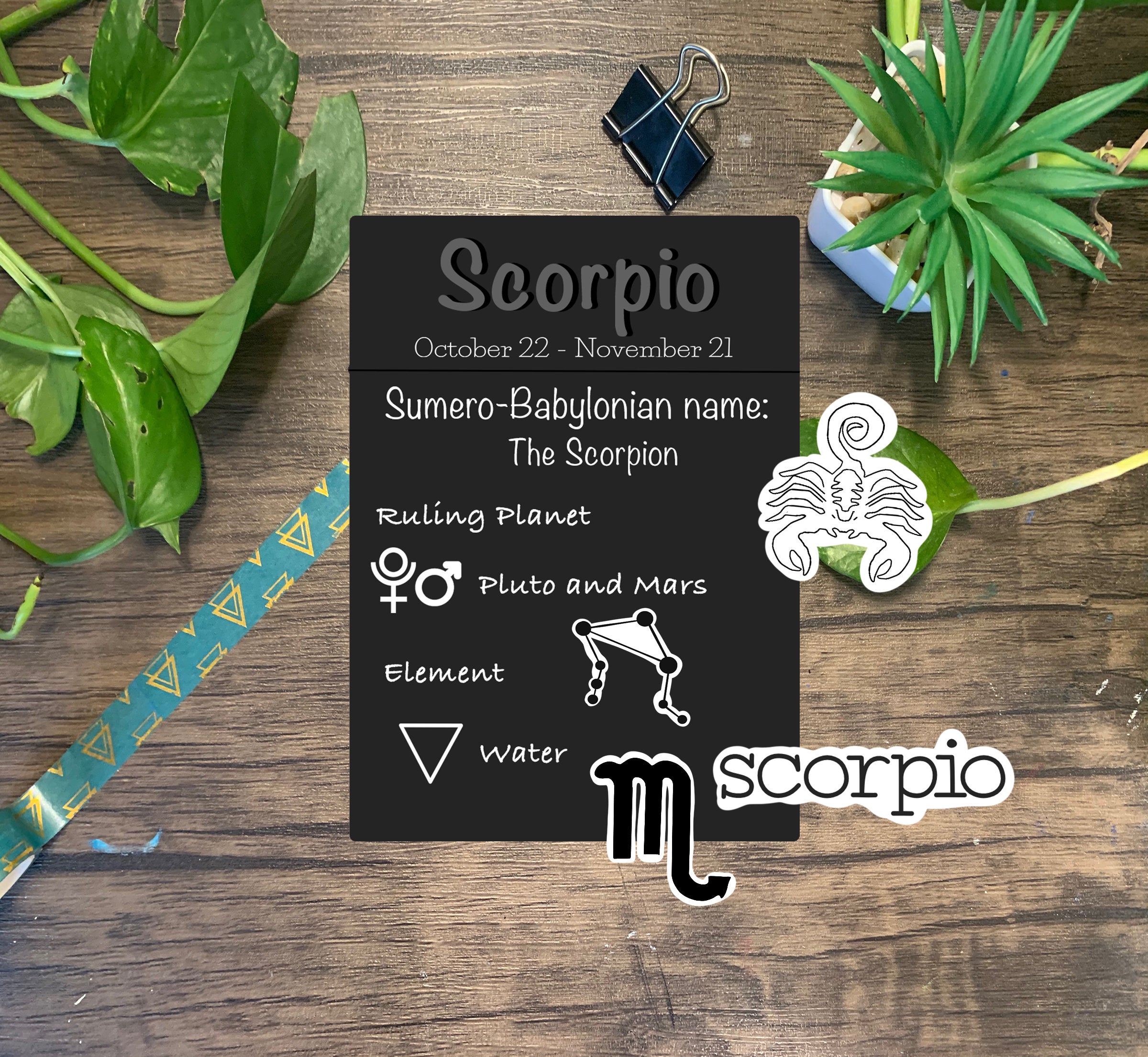 A colorful Scorpio Zodiac Sticker Pack featuring four unique designs including the Scorpio symbol, constellation, and scorpion.