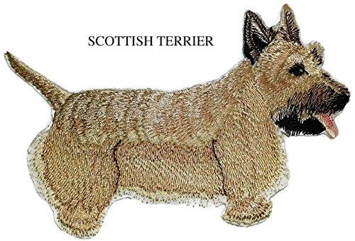 Scottish Terrier embroidered iron-on patch, featuring intricate detailing and vibrant colors, measuring 6 inches by 3.75 inches.