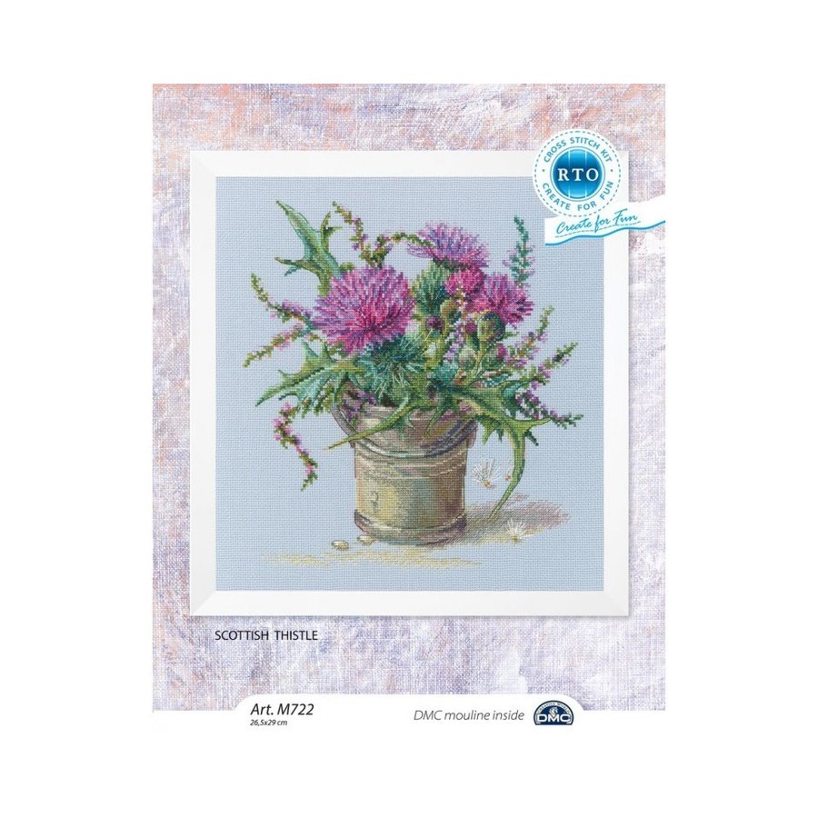 Scottish thistle counted cross stitch kit with Aida14 canvas, DMC threads, and needle, showcasing vibrant colors and detailed design.