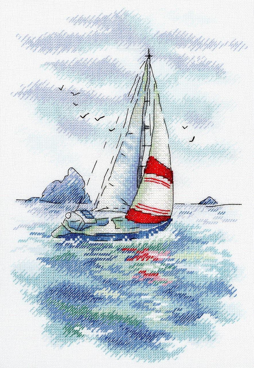 Sea Regatta SA-009 Cross-stitch kit featuring a sailing ship design in vibrant blue and green waters, perfect for crafting enthusiasts.