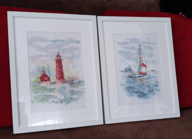 Sea Regatta SA-009 Cross-stitch kit featuring a sailing ship design in vibrant blue and green waters, perfect for crafting enthusiasts.