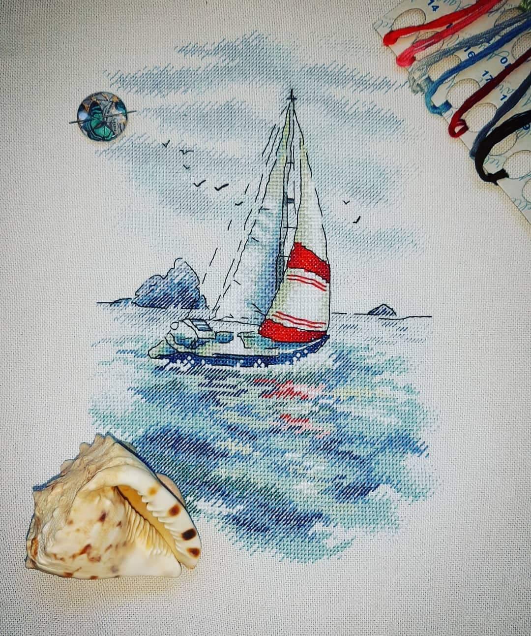 Sea Regatta SA-009 Cross-stitch kit featuring a sailing ship design in vibrant blue and green waters, perfect for crafting enthusiasts.