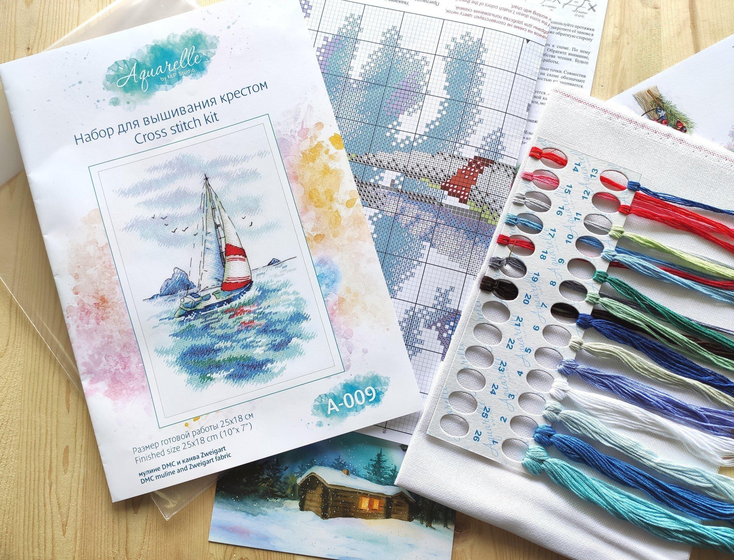 Sea Regatta SA-009 Cross-stitch kit featuring a sailing ship design in vibrant blue and green waters, perfect for crafting enthusiasts.