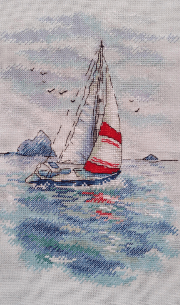 Sea Regatta SA-009 Cross-stitch kit featuring a sailing ship design in vibrant blue and green waters, perfect for crafting enthusiasts.