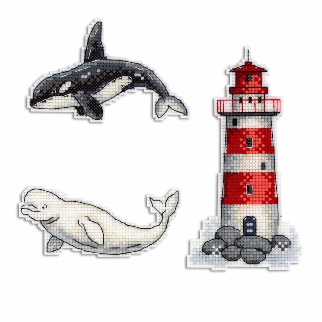Sea Story P-333 / SR-333 Plastic Canvas Counted Cross Stitch Kit with colorful threads and plastic canvas for DIY fridge magnets.