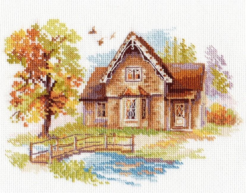 September House 3-21 Counted Cross-Stitch Kit featuring white Aida fabric, colorful threads, and an embroidery needle.