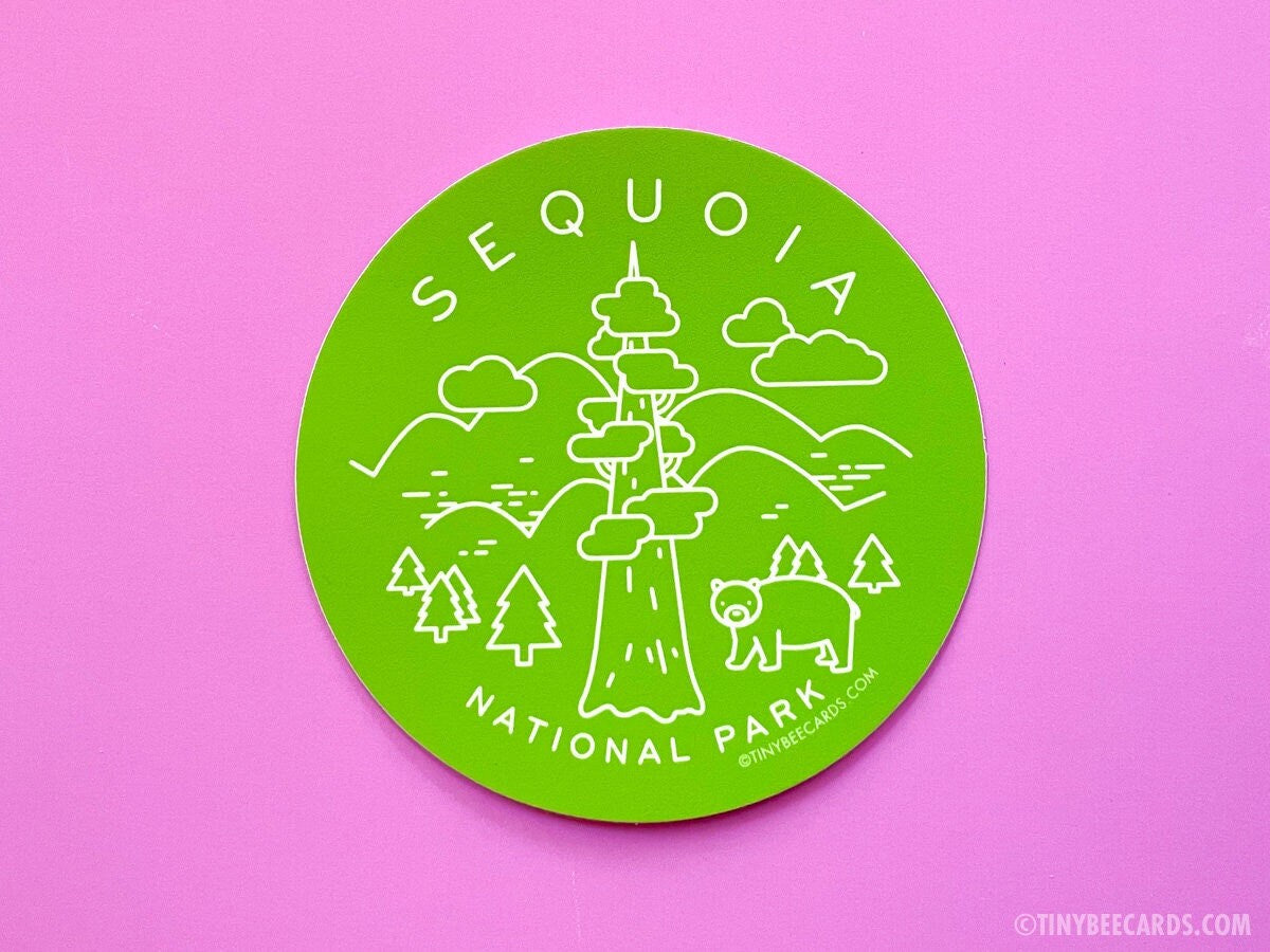 A vibrant Sequoia National Park vinyl sticker featuring an illustration of Sequoia trees with a green background and navy text.