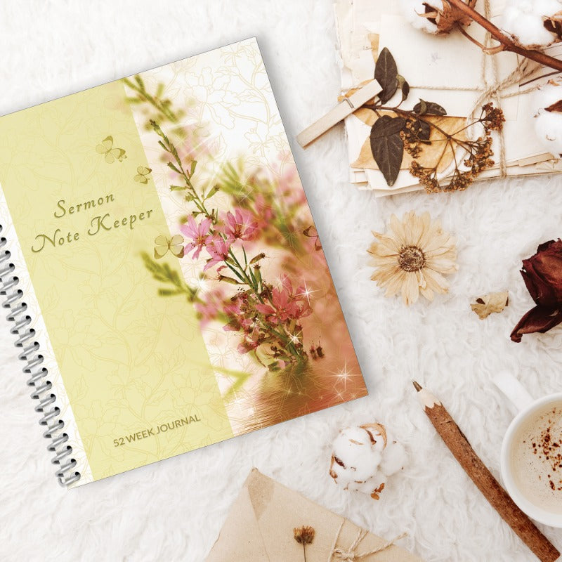 Sermon Journal for Women featuring a green floral matte cover, portable 7x9 size, and spiral binding for easy note-taking.