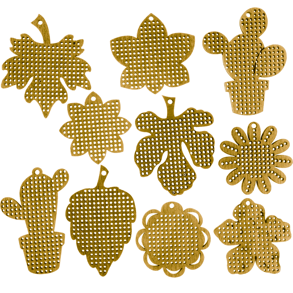 Set of 20 wooden embroidery blanks with intricate designs, perfect for creative needlework projects.