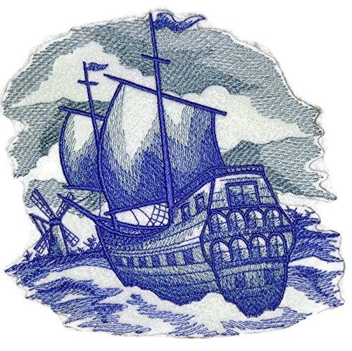 Delft Blue Sailing Ship embroidered patch with intricate design and vibrant colors, suitable for iron-on or sew-on applications.