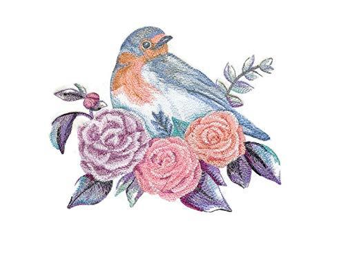 Embroidered patch featuring a shimmering bluebird surrounded by roses, ideal for iron-on or sewing applications.