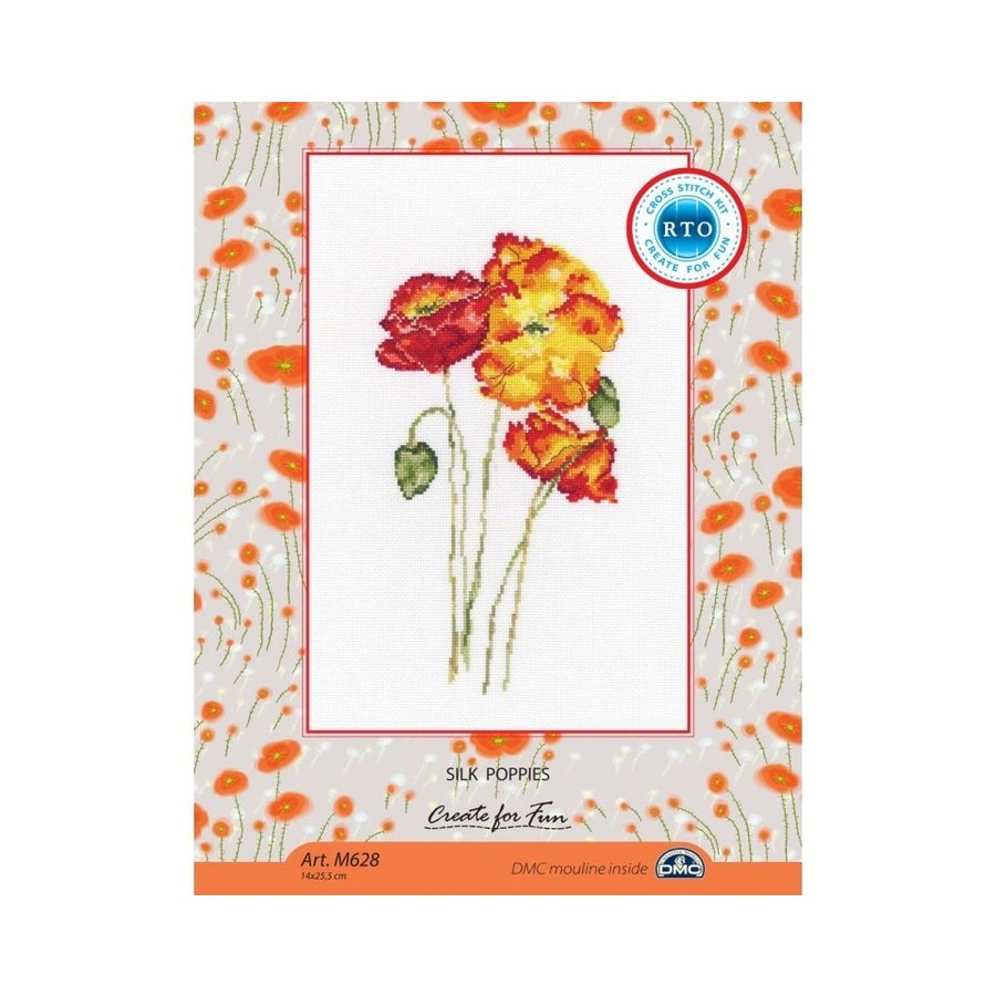 Silk Poppies M628 Counted Cross Stitch Kit featuring vibrant DMC threads and Aida canvas.