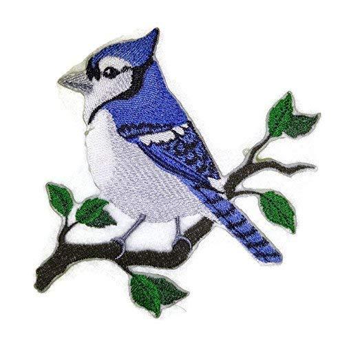 Single Blue Jay Bird embroidered patch on a white background, showcasing vibrant blue and black colors with intricate stitching details.