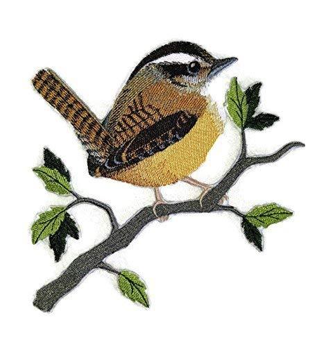 Single Carolina Wren embroidered patch on a cotton base, showcasing vibrant colors and intricate details, ideal for iron-on or sewing applications.