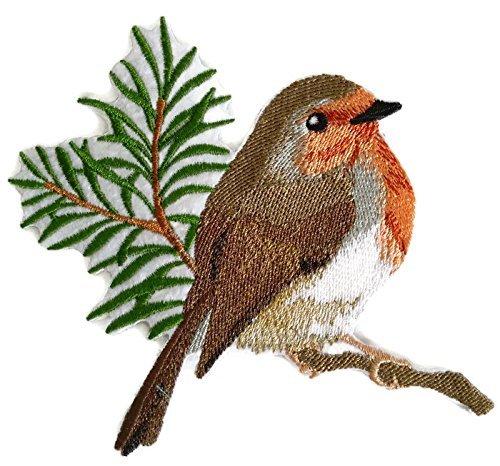 Single European Robin Bird embroidered patch, featuring vibrant colors and intricate stitching, ideal for iron-on or sew-on applications.