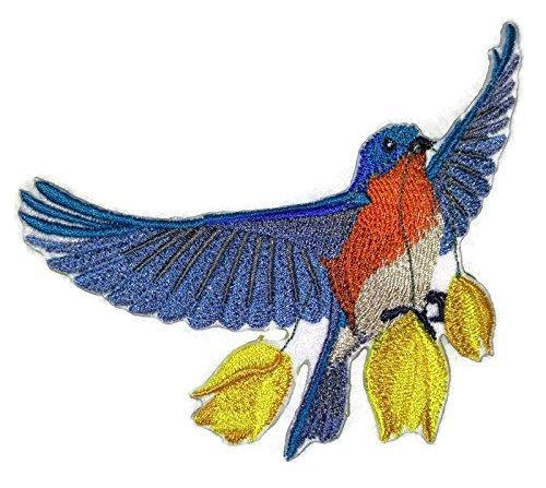 Single Flying Bird embroidered patch, 5 inches by 4.5 inches, showcasing vibrant colors and intricate stitching on a cotton base.