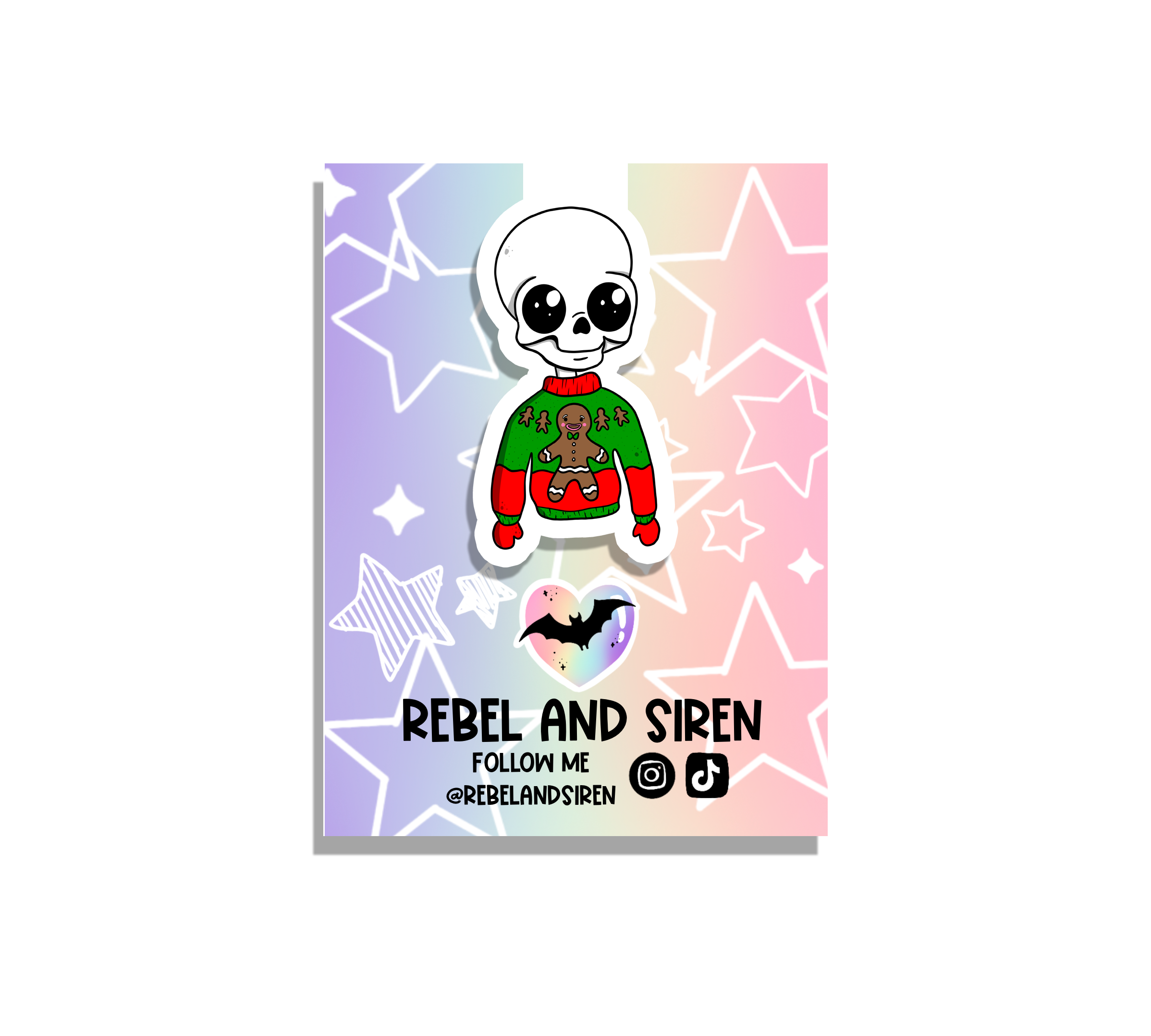 A colorful bookmark featuring a skeleton in an ugly Christmas sweater, showcasing a festive design perfect for holiday reading.