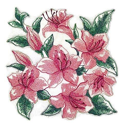 Sketched Azaleas embroidered patch featuring vibrant floral design on a cotton base, ideal for iron-on or sewing applications.