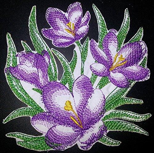 Sketched Crocuses embroidered patch featuring intricate floral design, suitable for iron-on or sew-on applications, measuring 4.86 inches square.