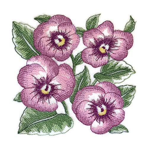 Sketched Pansies embroidered patch with vibrant colors and intricate design, measuring 4.86 inches square, suitable for iron-on or sew-on application.