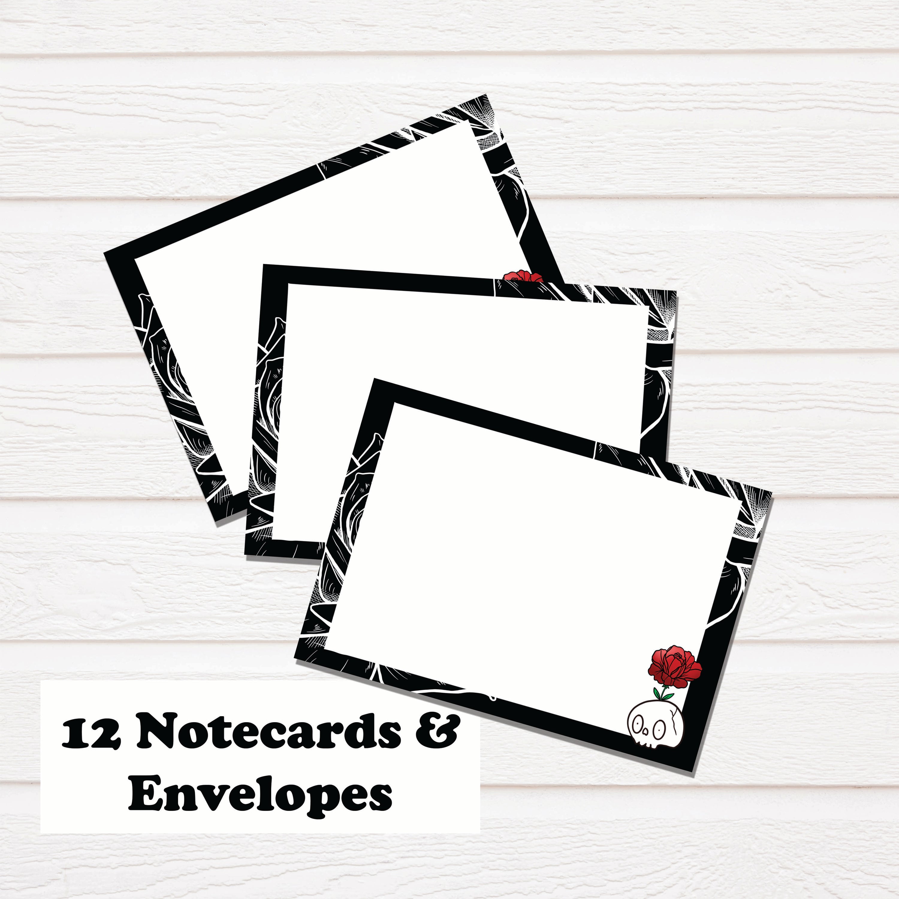 Skull Rose Notecard Stationary Set featuring hand-drawn illustrations, 12 notecards, and matching envelopes in a clear box.