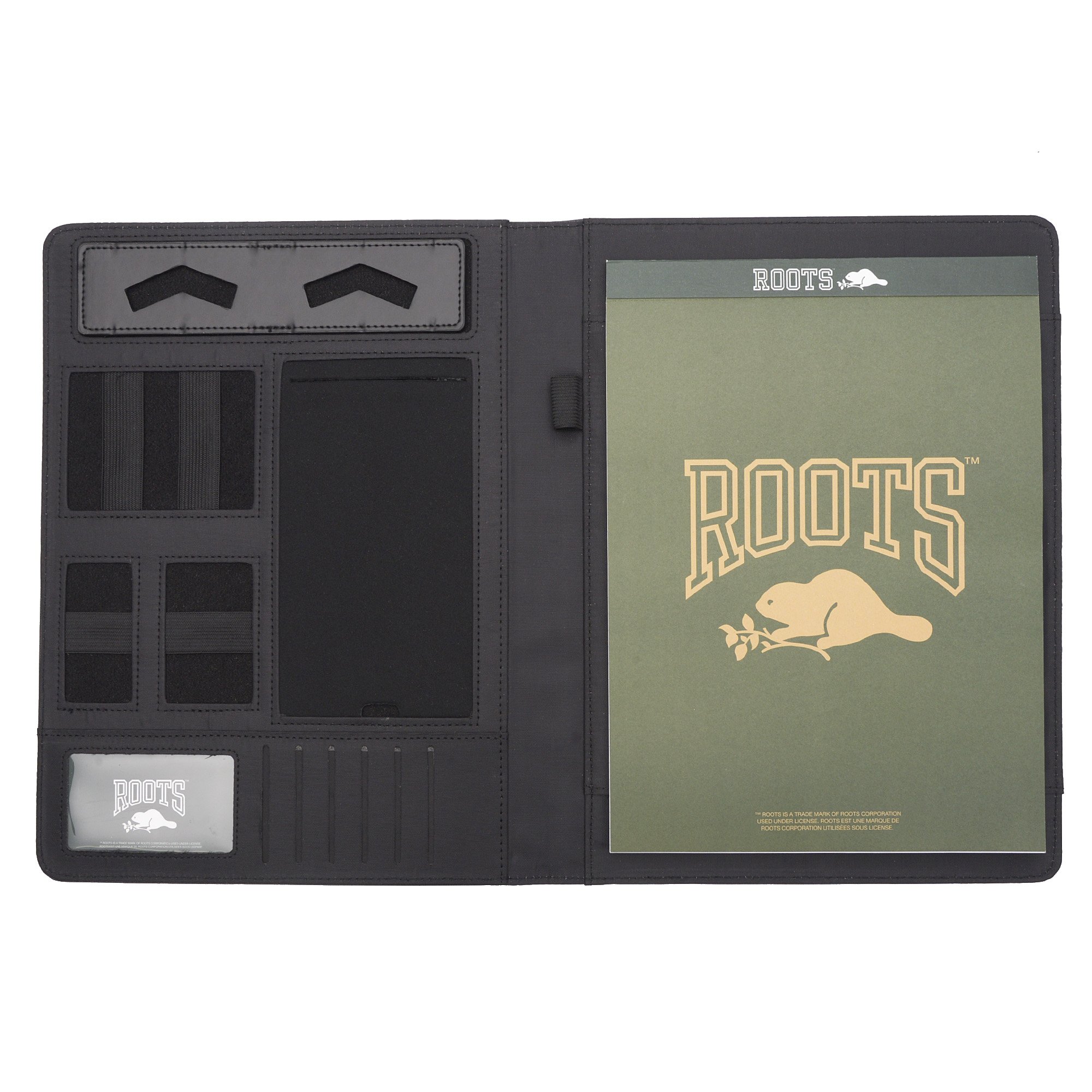 A sleek and elegant Slim Padfolio made of nylon, featuring multiple card slots, a smartphone stand, and a back zipper pocket for secure storage.