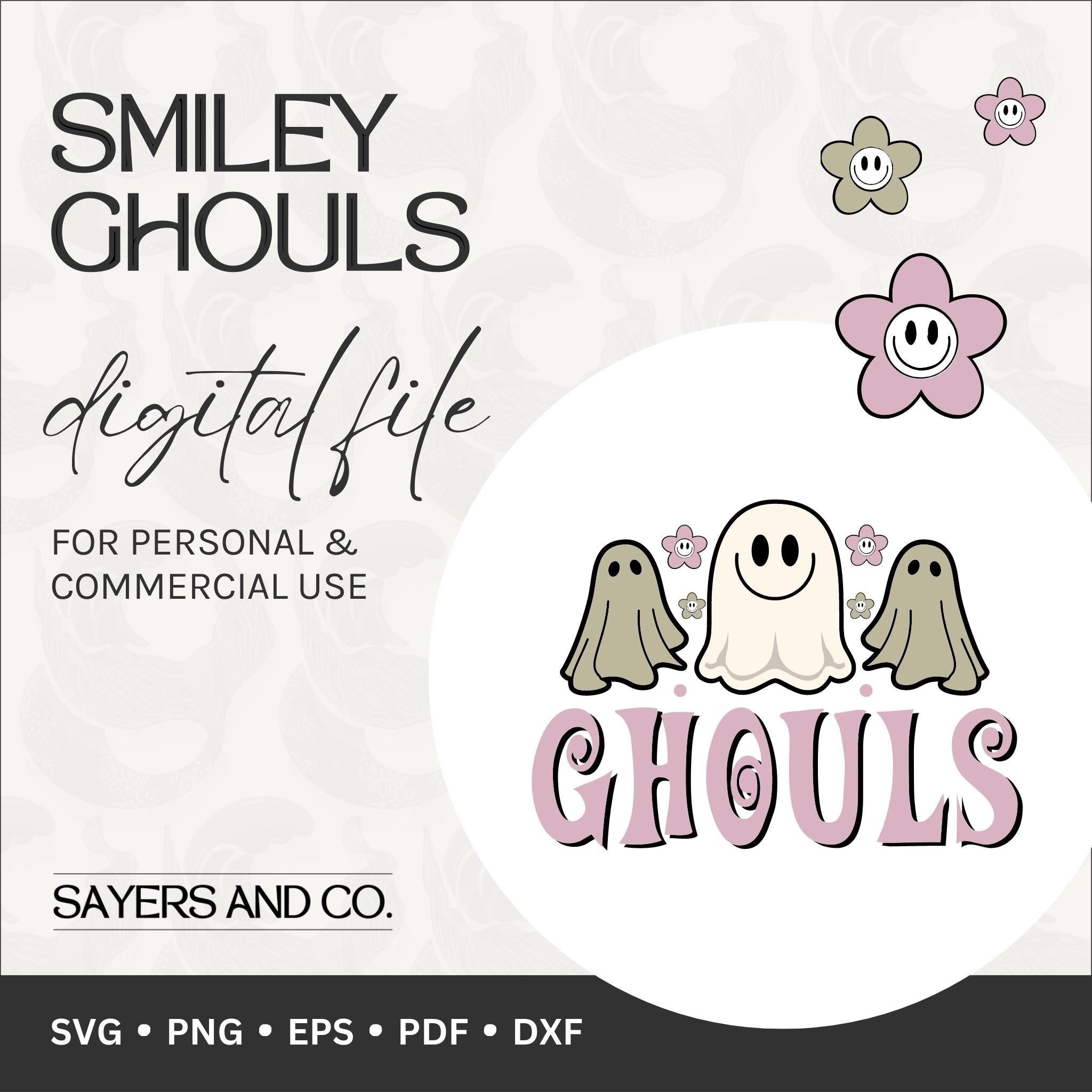 Smiley Ghouls digital files showcasing spooky Halloween designs in various formats including SVG, PNG, EPS, PDF, and DXF.