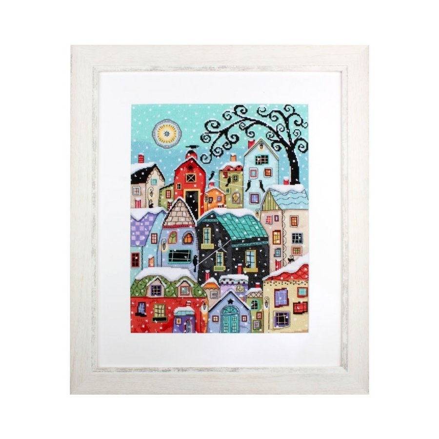 Snow Falling M654 Counted Cross Stitch Kit with Aida fabric, DMC threads, and instructions for creating a winter scene.