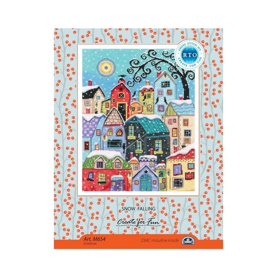 Snow Falling M654 Counted Cross Stitch Kit with Aida fabric, DMC threads, and instructions for creating a winter scene.