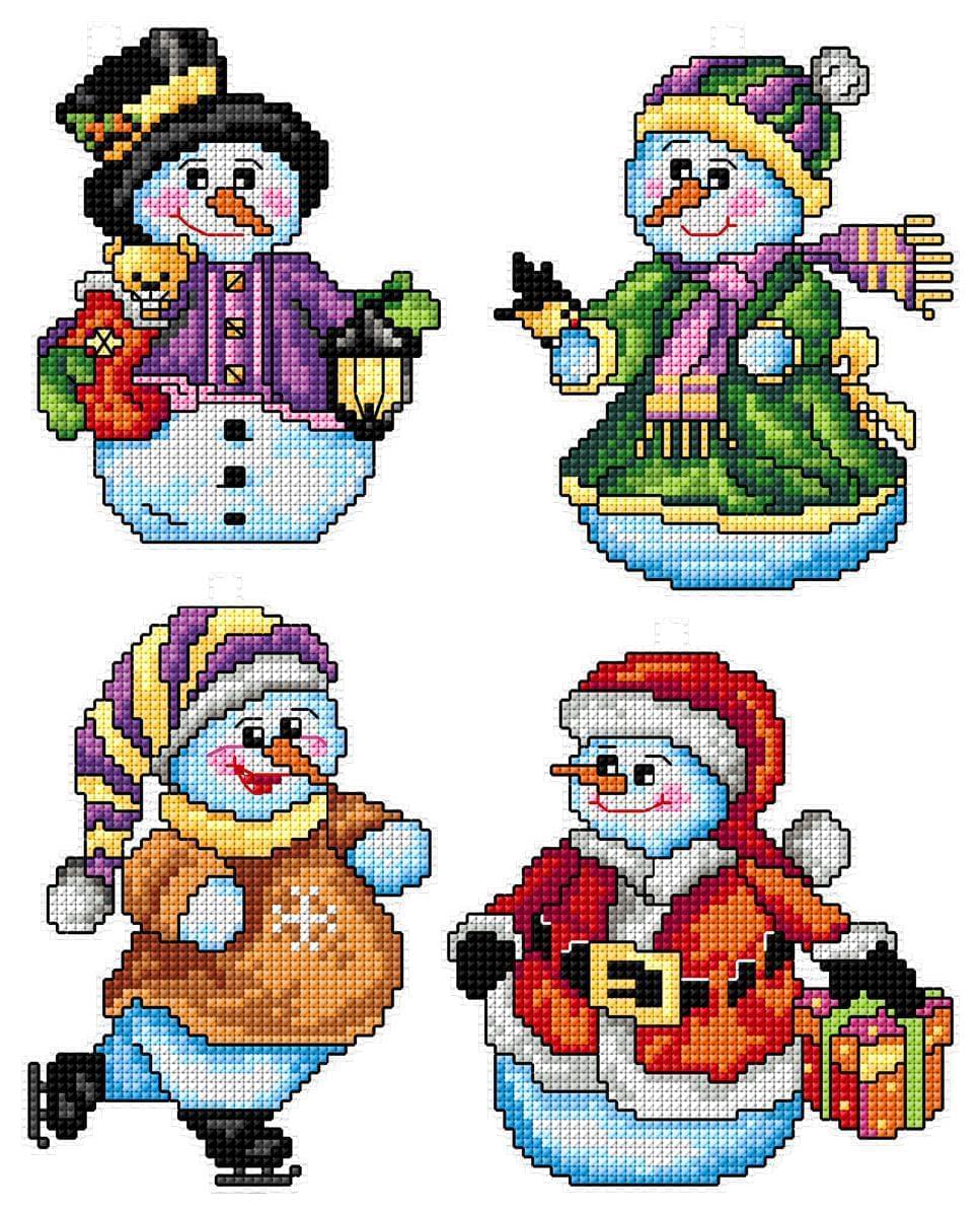Snowmen 129CS Counted Cross-Stitch Kit with colorful threads and plastic canvas.