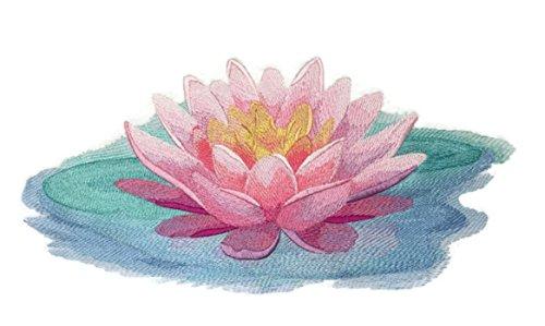 Soft and Serene Water Lily embroidered patch on a white background, showcasing intricate details and vibrant colors.