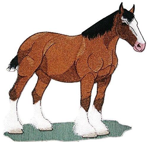 Embroidered patch featuring a detailed Clydesdale horse design, suitable for iron-on or sewing applications on garments.