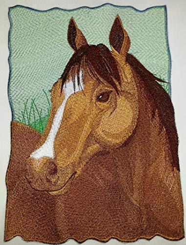 Embroidered patch featuring a detailed Quarter Horse portrait, showcasing vibrant colors and intricate stitching on a cotton base.