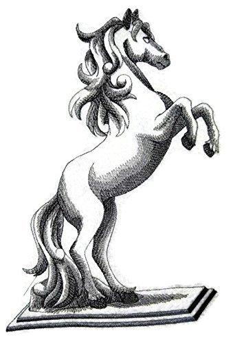 Embroidered patch featuring a rearing horse on a plinth, showcasing intricate details and vibrant colors.