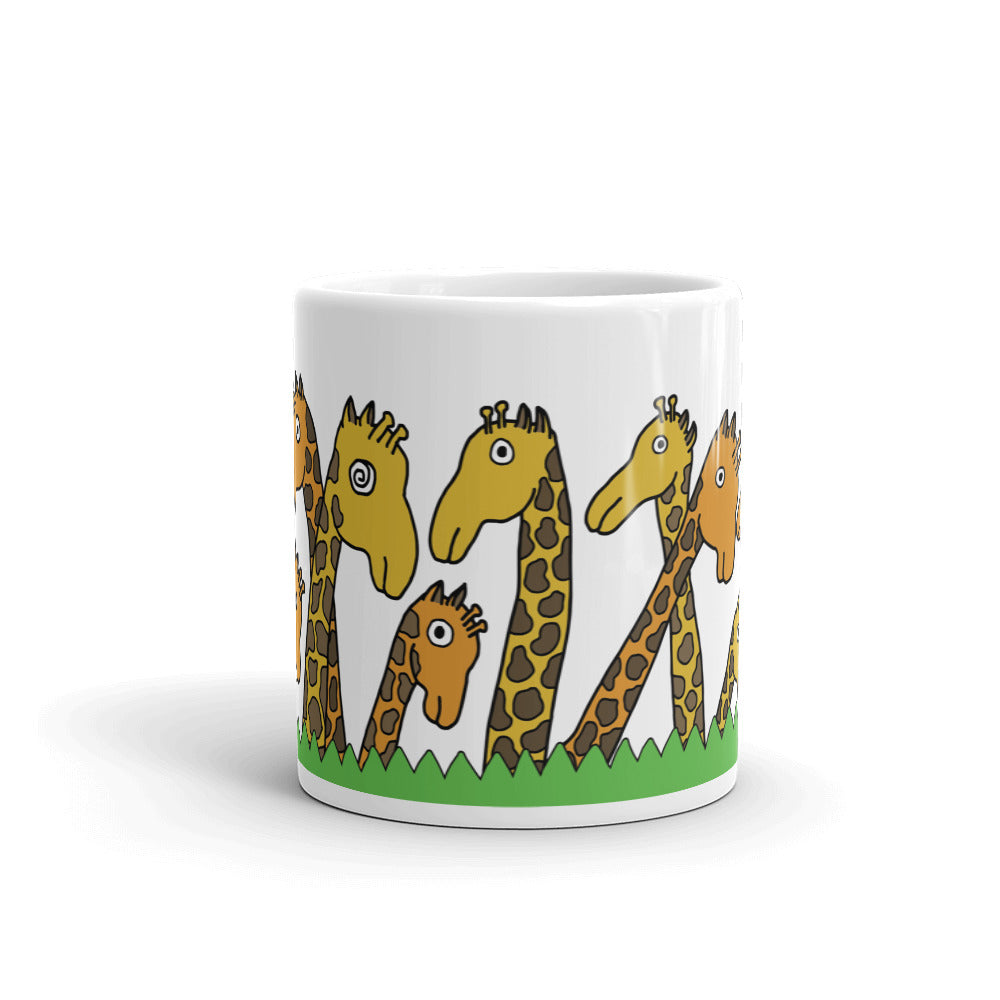 Ceramic mug featuring hand-drawn giraffe artwork by Erwin Ong, perfect for coffee or tea.