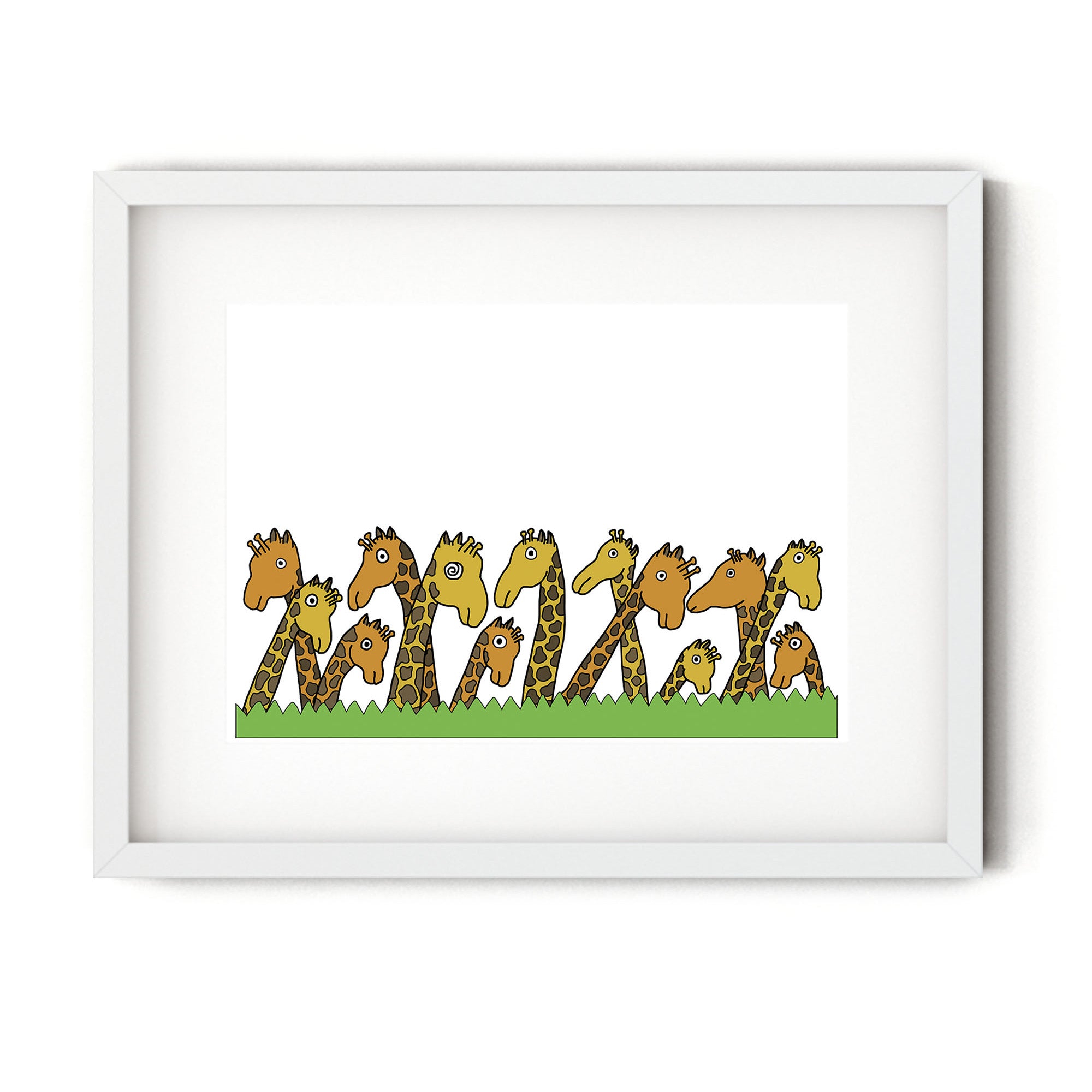 A colorful illustrated print featuring a group of playful giraffes, one looking sleepy, perfect for children's decor.