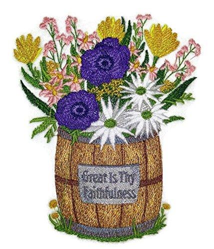 Great Is Thy Faithfulness embroidered patch on a fabric background, showcasing vibrant colors and intricate stitching.