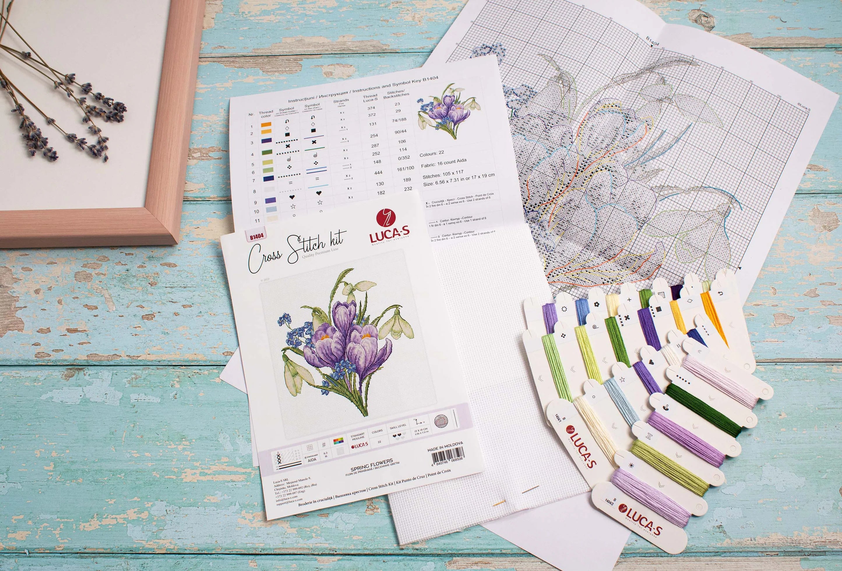 Spring Flowers B1404L Counted Cross-Stitch Kit featuring vibrant threads and canvas, ideal for crafting enthusiasts.