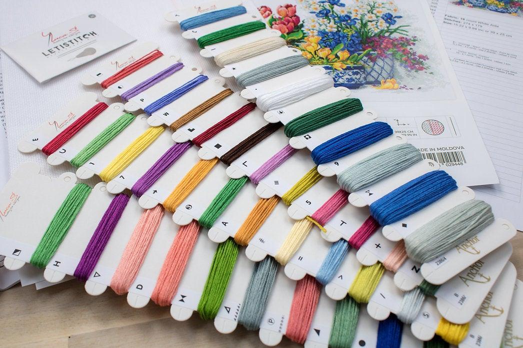 Spring Flowers B2386L Counted Cross-Stitch Kit featuring vibrant colors and detailed design by Barbara Mock.