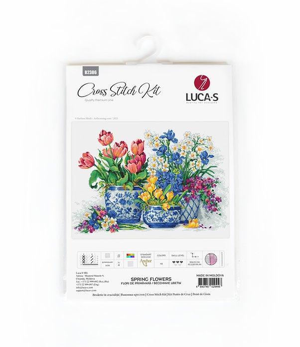 Spring Flowers B2386L Counted Cross-Stitch Kit featuring vibrant colors and detailed design by Barbara Mock.