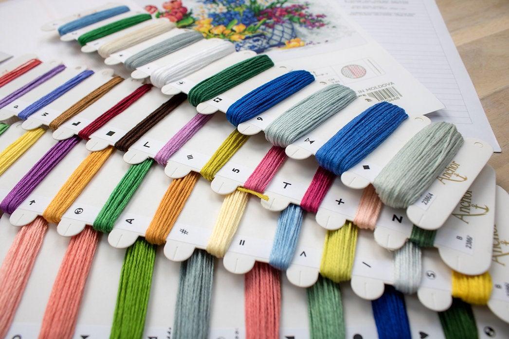 Spring Flowers B2386L Counted Cross-Stitch Kit featuring vibrant colors and detailed design by Barbara Mock.