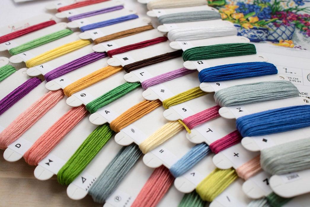 Spring Flowers B2386L Counted Cross-Stitch Kit featuring vibrant colors and detailed design by Barbara Mock.