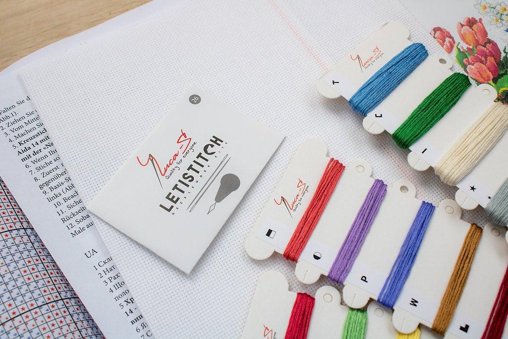 Spring Flowers B2386L Counted Cross-Stitch Kit featuring vibrant colors and detailed design by Barbara Mock.